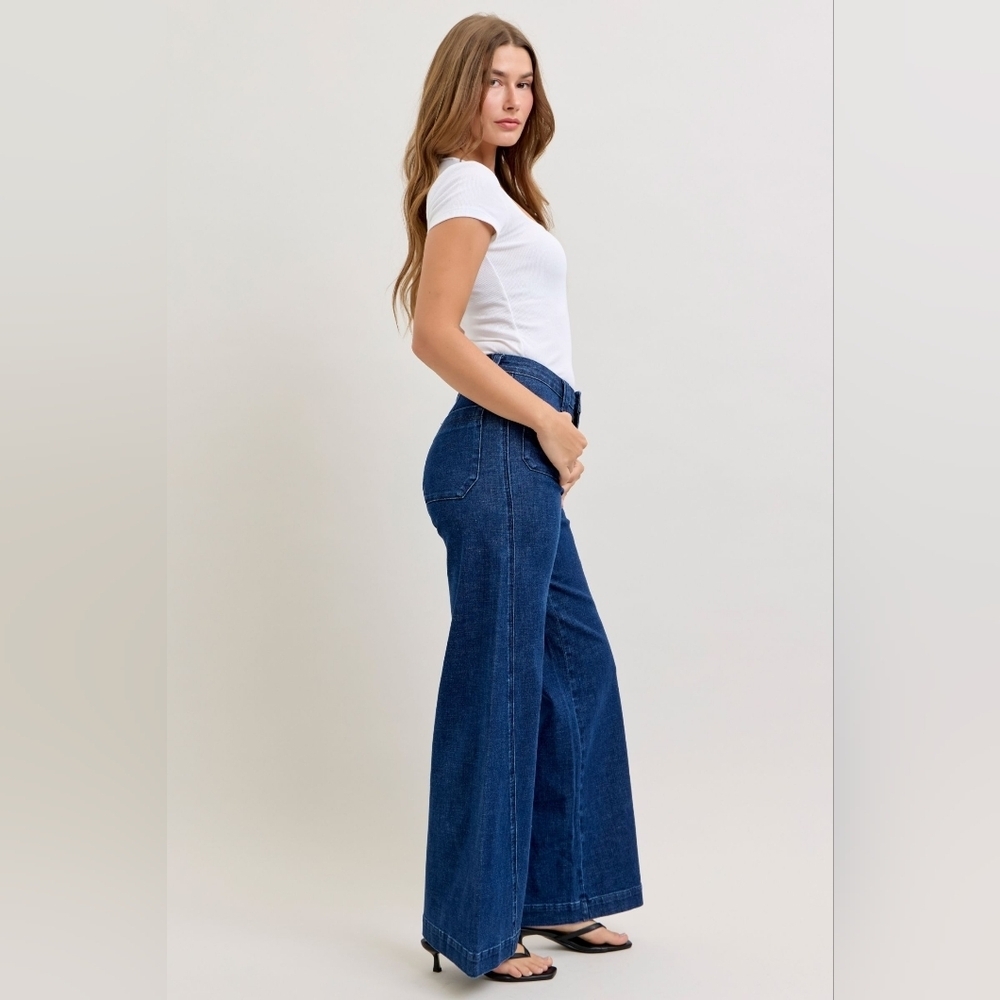 Judy Blue HR Dark Wash Retro Wide Leg Jeans Patch Pocket Wrap Seam Various NEW - Picture 4 of 10